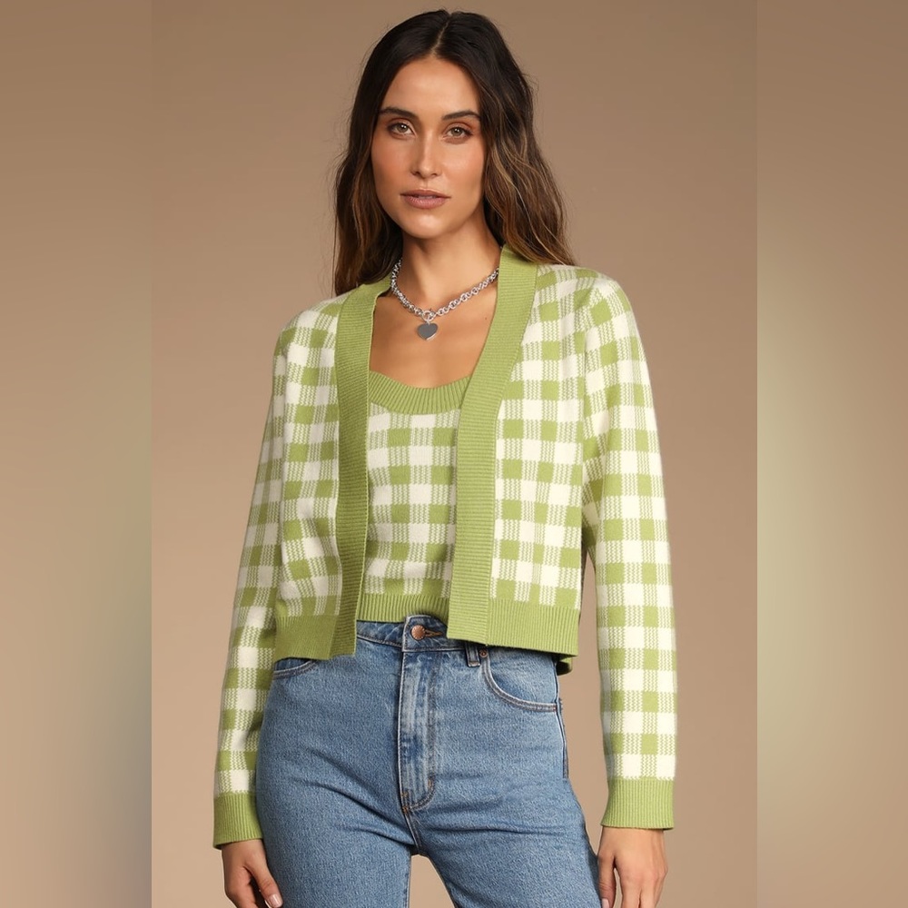 Lulus Green Gingham Tank Top and Cardigan Set